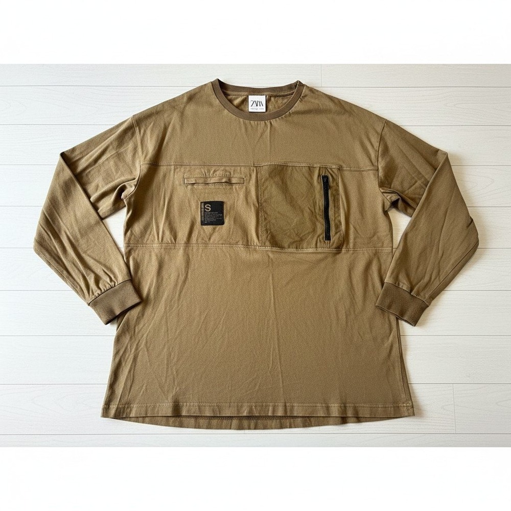 Zara Mens Long Sleeve Utility T-Shirt Brown Tan Tactical Zip Pocket Size Large